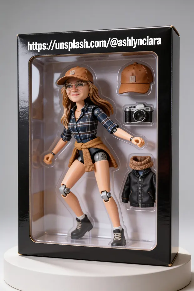The same woman as a boxed action figure in a blister pack, with her cap, a camera and a jacket as accessories beside her
