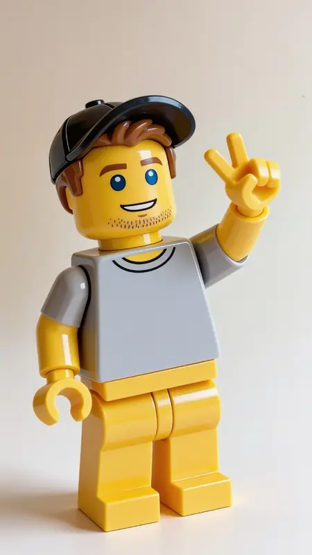 The same man as a yellow toy brick figure in the same pose - dark cap, brown hair, pale top, two fingers raised