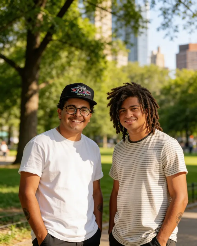 Both men standing side by side in a sunlit park, as though the two photographs had always been one