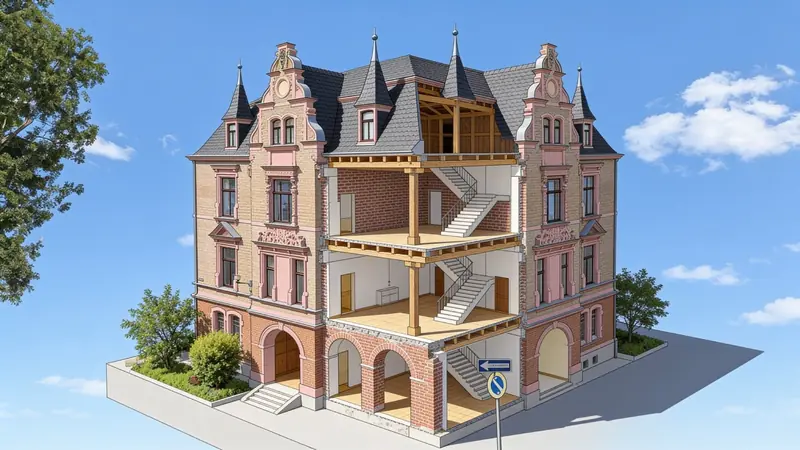The same building rendered as an architectural cutaway - the centre of the facade removed to show three floors, a staircase running between them and the roof structure above