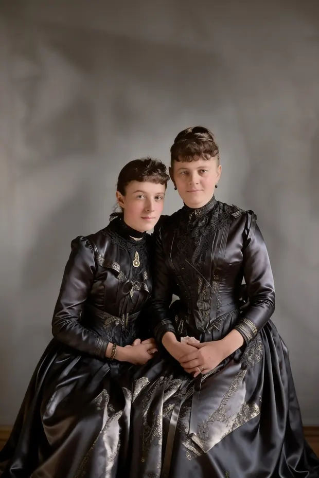 The same portrait with colour added - skin tones, warm brown hair and the sheen of the black silk dresses