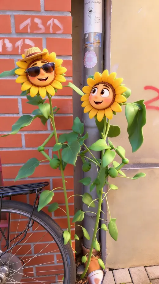 The same two sunflowers as smiling 3D cartoon characters with faces, one wearing a straw hat and sunglasses, the wall and bicycle rendered in the same style