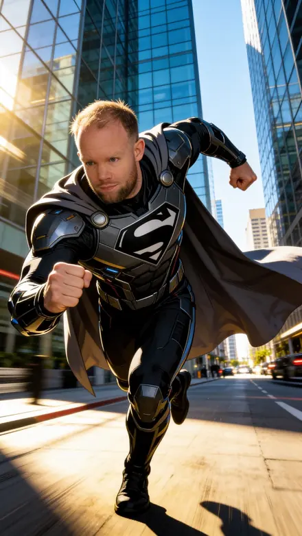 The same man as a superhero in dark armour and a cape, running through a sunlit city street between glass towers
